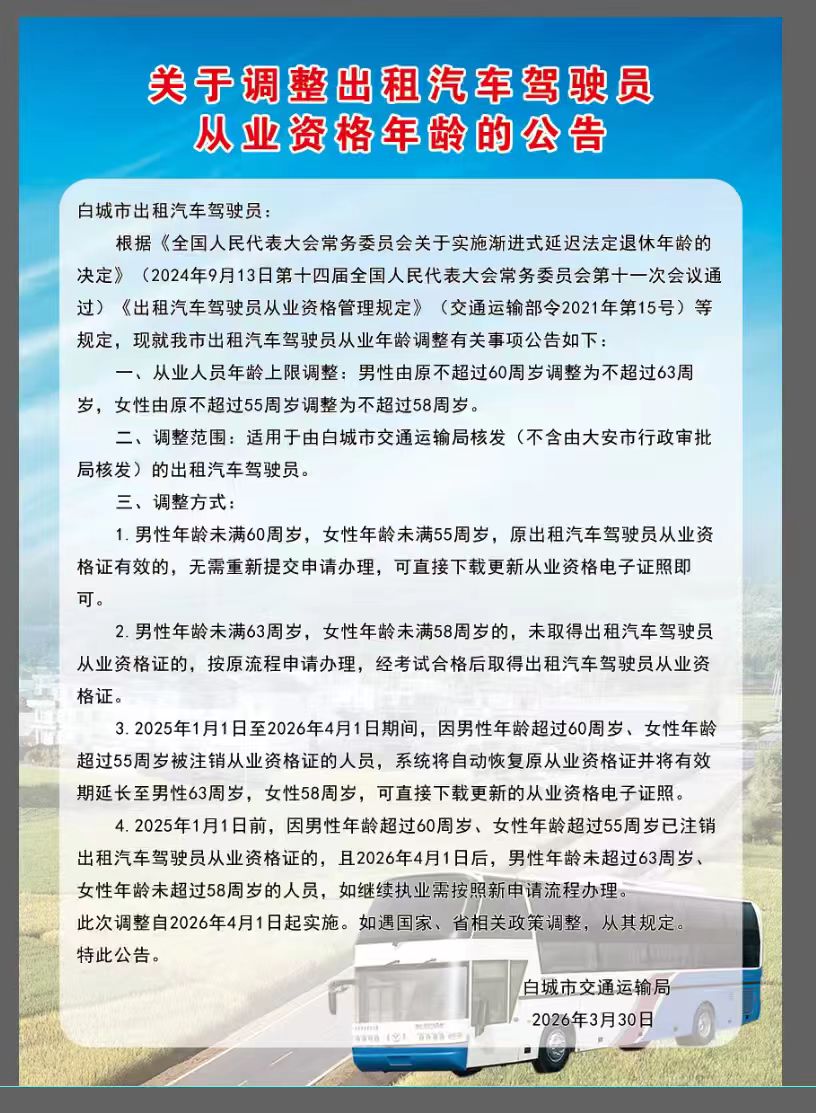 关于调整出租汽车驾驶员从业资格年龄的公告
